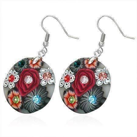 Feshionn IOBI Earrings Black and Red Round Handcrafted Floral Cane Work Clay & CZ Earrings ~ Five Lively Colors to Choose From