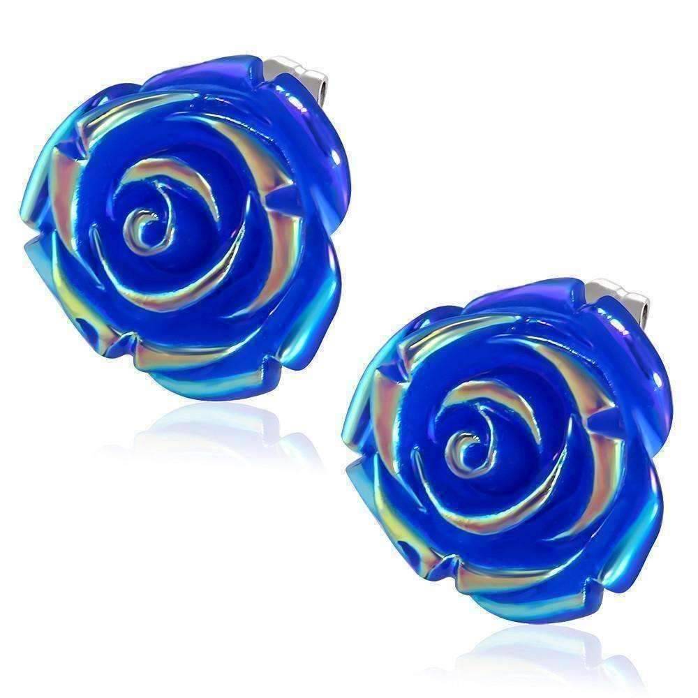 Feshionn IOBI Earrings Blue CLEARANCE - Large Blue Rose Stud Earrings