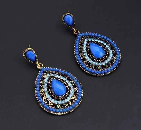Feshionn IOBI Earrings Blue ON SALE - Dark Blue Bead and Crystal Filigree Drop Earrings