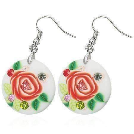 Feshionn IOBI Earrings Cream with Peach Rose Round Handcrafted Floral Cane Work Clay & CZ Earrings ~ Five Lively Colors to Choose From