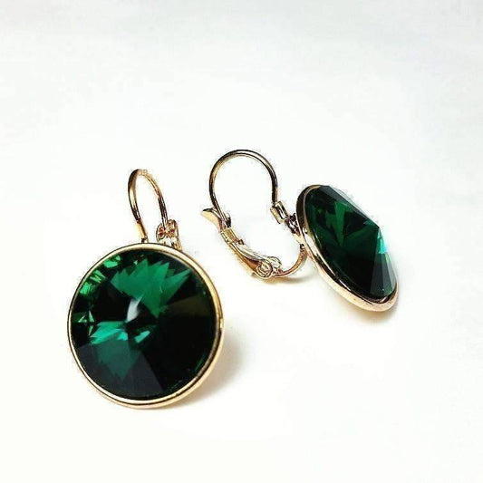 Feshionn IOBI Earrings Deep Sea Emerald Dome Austrian Crystal Leverback Earrings