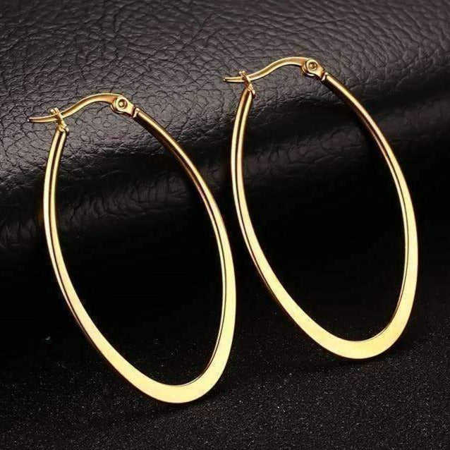 Feshionn IOBI Earrings Elongated Oval Polished 18K Gold Plated Stainless Steel Hoop Earrings