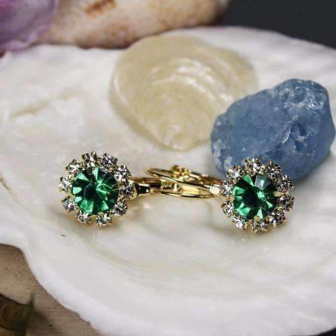 Feshionn IOBI Earrings Emerald Crystal Flower Drop Lever Back Earrings - White or Yellow Gold