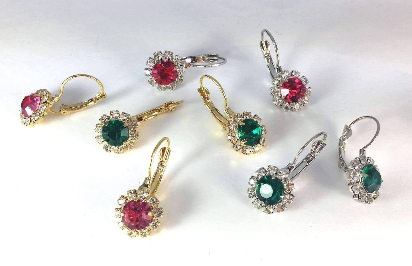 Feshionn IOBI Earrings Emerald Crystal Flower Drop Lever Back Earrings - White or Yellow Gold