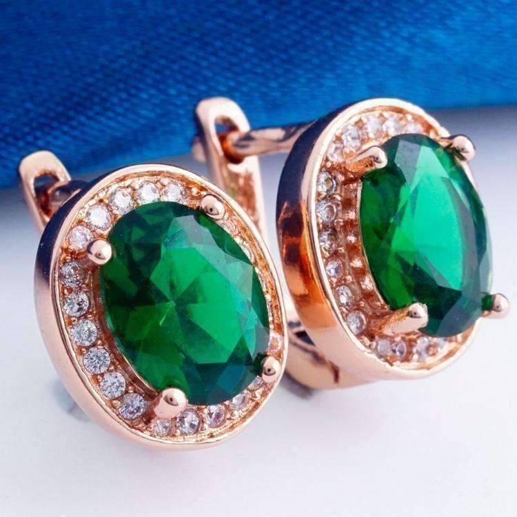 Feshionn IOBI Earrings Emerald Green on Rose Gold Oval Solitaire Halo Earrings in Sapphire, Emerald, Topaz or White CZ