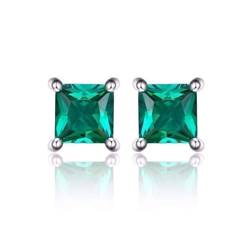 Feshionn IOBI Earrings Emerald Royal Green Princess Cut 0.6 CT Simulated Emerald Stud Earrings