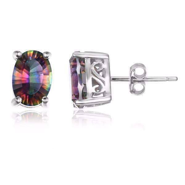 Feshionn IOBI Earrings Genuine Rainbow Fire Mystic Topaz Oval Cut 5CTW IOBI Precious Gems Stud Earrings