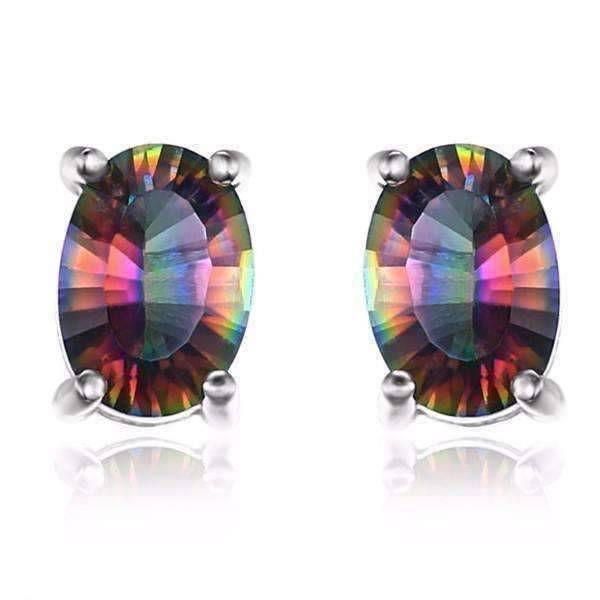 Feshionn IOBI Earrings Genuine Rainbow Fire Mystic Topaz Oval Cut 5CTW IOBI Precious Gems Stud Earrings