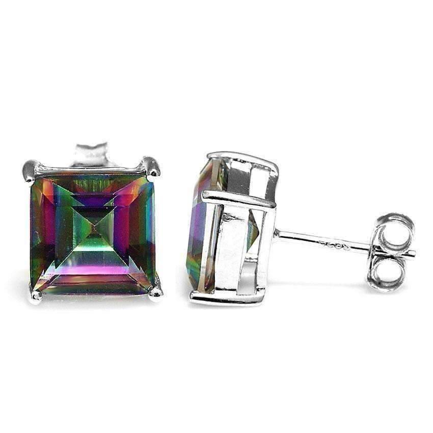 Feshionn IOBI Earrings Genuine Rainbow Fire Mystic Topaz Princess Cut 3CT IOBI Precious Gems Stud Earrings