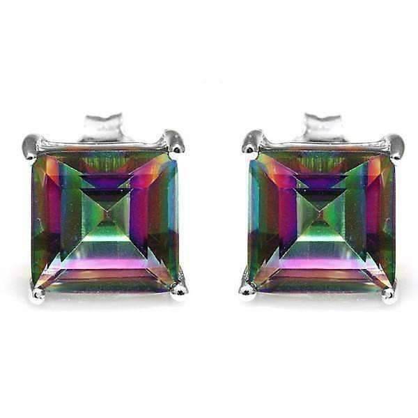 Feshionn IOBI Earrings Genuine Rainbow Fire Mystic Topaz Princess Cut 3CT IOBI Precious Gems Stud Earrings