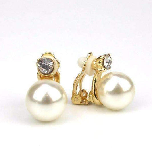 Feshionn IOBI Earrings Gold Crystal Accented Pearl Bead Clip-On Earrings In Yellow or White Gold