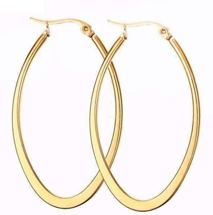 Feshionn IOBI Earrings Gold Elongated Oval Polished 18K Gold Plated Stainless Steel Hoop Earrings