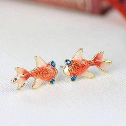 Feshionn IOBI Earrings Gold Gold Plated Goldfish Earrings with Blue Topaz Crystal Eyes