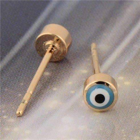 Feshionn IOBI Earrings Gold ON SALE - Teeny Tiny Blue 'Evil Eye' Studs