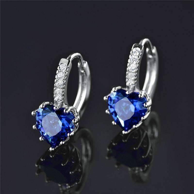 Feshionn IOBI Earrings Heart Shaped Midnight Blue Diamond CZ Solitaire Hoop Earrings