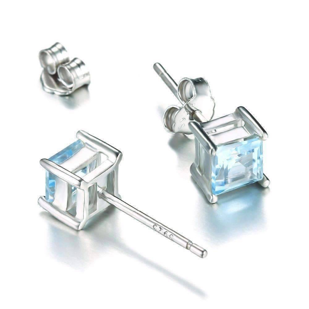 Feshionn IOBI Earrings Ice Blue Genuine Topaz Princess Cut 0.7 CT IOBI Precious Gems Stud Earrings
