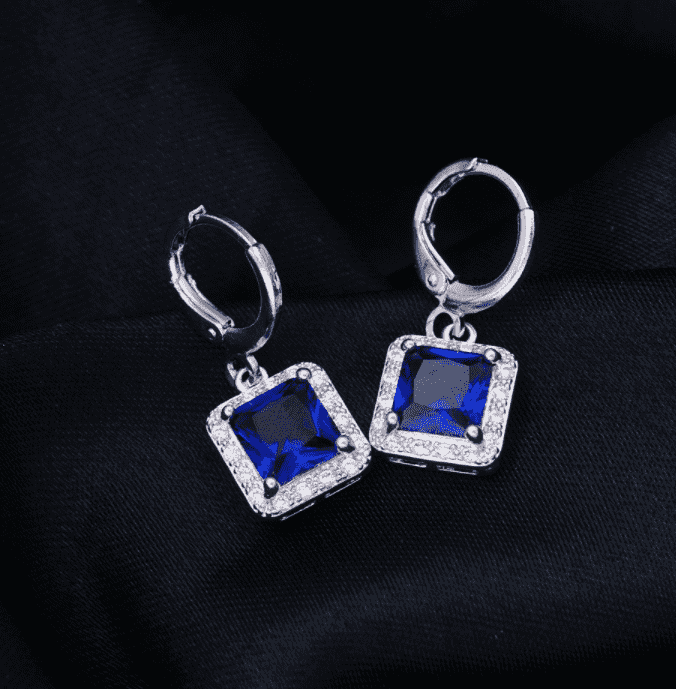 Feshionn IOBI Earrings Majestic Blue / Standard Regal Princess Cut Halo Swiss CZ Drop Hoop Earrings