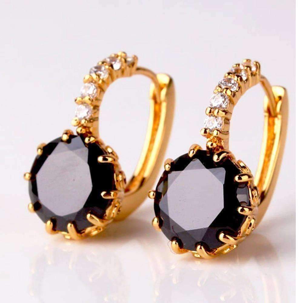 Feshionn IOBI Earrings Obsidian Black on Yellow Gold Exotic Gems CZ Solitaire Hoop Earrings