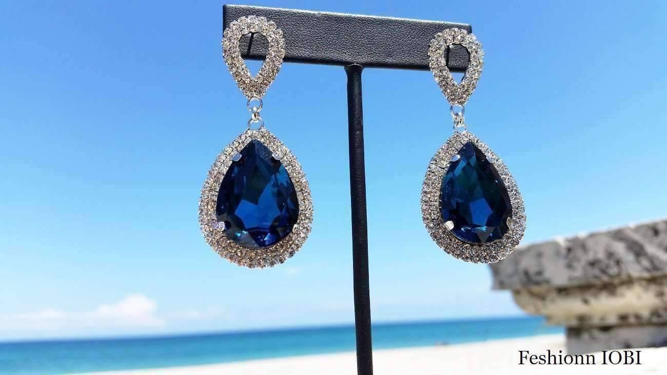 Feshionn IOBI Earrings ON SALE - Midnight Sapphire Blue Double Teardrop Stud Earrings