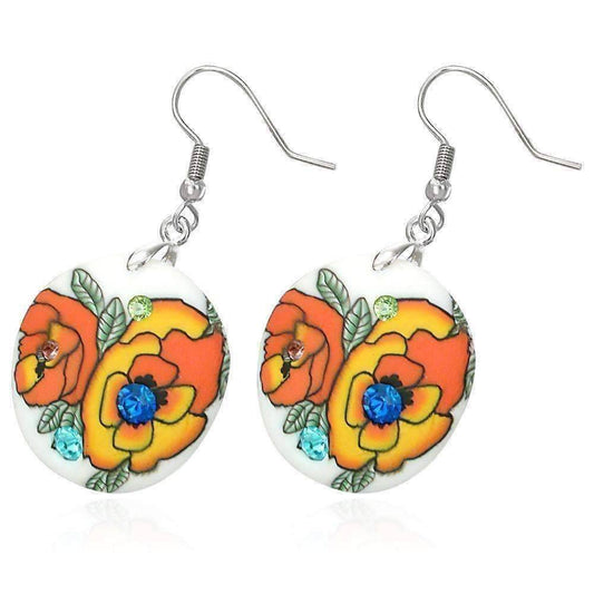 Feshionn IOBI Earrings Orange Roses Round Handcrafted Floral Cane Work Clay & CZ Earrings ~ Five Lively Colors to Choose From