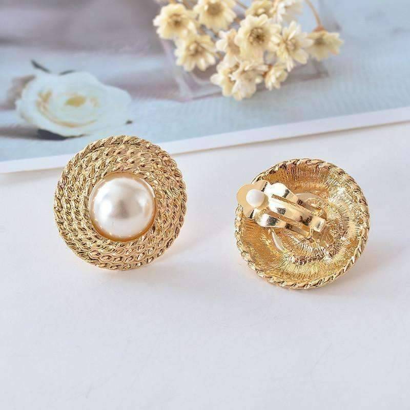 Pearl Bead Accented Golden Basketweave Clip-On Earrings – Feshionn IOBI