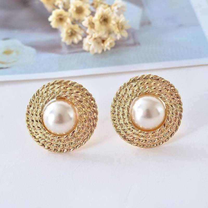 Feshionn IOBI Earrings Pearl Bead Accented Golden Basketweave Clip-On Earrings