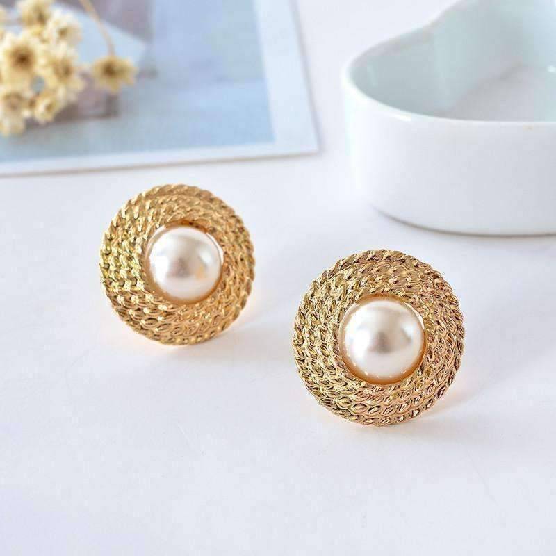 Feshionn IOBI Earrings Pearl Bead Accented Golden Basketweave Clip-On Earrings
