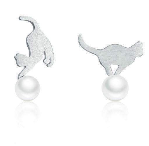 Feshionn IOBI Earrings Playful Kitten and Pearl Ball Sterling Silver Stud Earrings