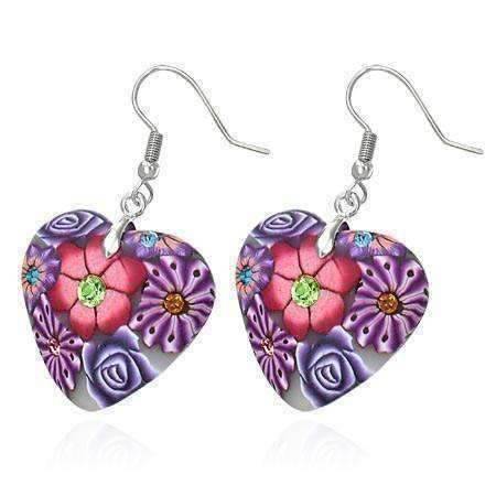 Feshionn IOBI Earrings Purple Heart Handcrafted Floral Cane Work Clay & CZ Earrings ~ Three Lively Colors to Choose From