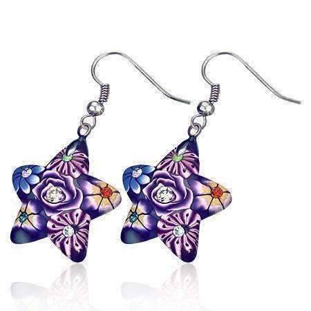 Feshionn IOBI Earrings Purple Star Handcrafted Floral Cane Work Clay & CZ Earrings ~ Two Lively Colors to Choose From