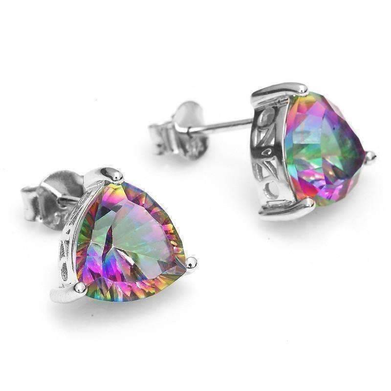 Feshionn IOBI Earrings Rainbow Earrings Rainbow Fire Genuine Mystic Topaz Trillion Cut 4.5CT IOBI Precious Gems Stud Earrings