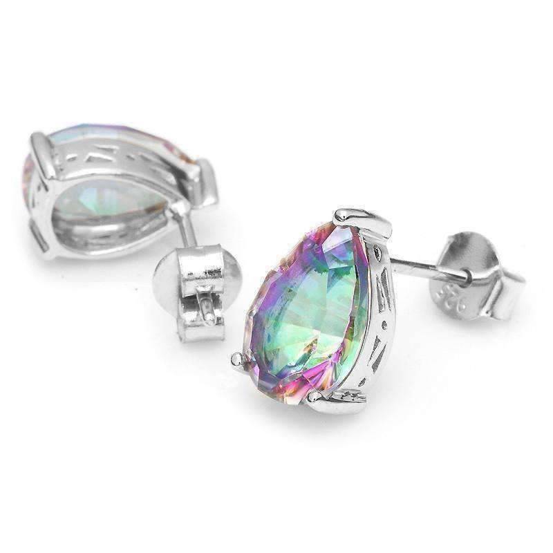 Feshionn IOBI Earrings Rainbow Fire Genuine Mystic Topaz Pear Cut 3.8CT IOBI Precious Gems Stud Earrings