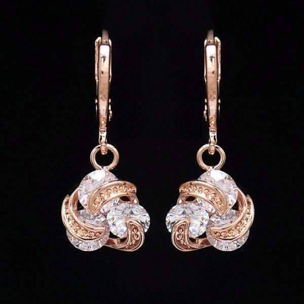 Feshionn IOBI Earrings Rose Gold Dangling Three Crystal 18K Rose Gold Spiral Love Knot Earrings