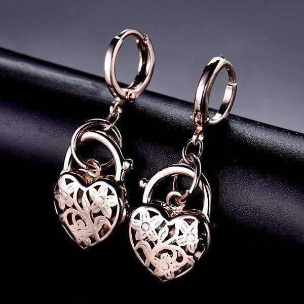 Feshionn IOBI Earrings Rose Gold Floral Etched Heart Padlock Charm Earrings