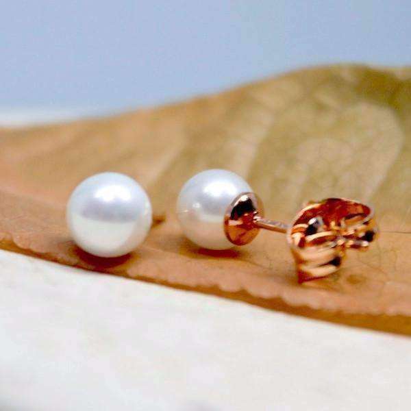Feshionn IOBI Earrings Rose Gold "Little White Pearls" 6 mm Simulated Pearl Stud Earrings