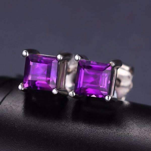 Feshionn IOBI Earrings Royal Purple Princess Cut 0.5 CT Genuine Amethyst IOBI Precious Gems Stud Earrings