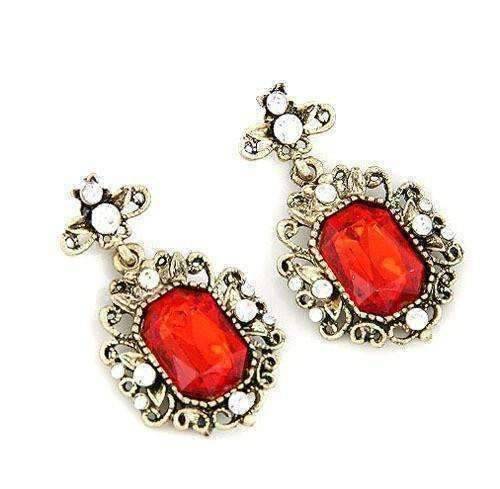 Feshionn IOBI Earrings Ruby Red Countess of Rubies Emerald Cut Red Austrian Crystal Dangle Earrings