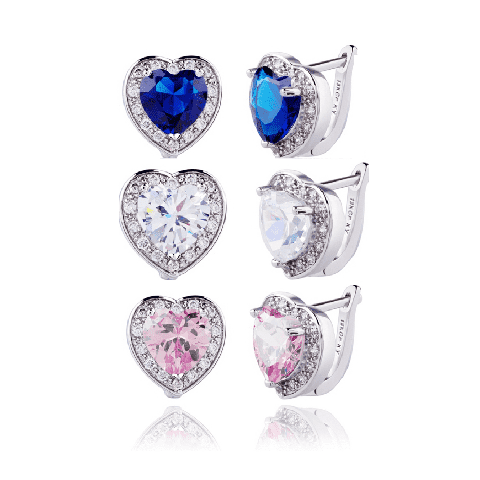 Feshionn IOBI Earrings Sapphire Blue Magnificent Halo Heart Leverback Earrings in Clear, Pink or Blue Sapphire