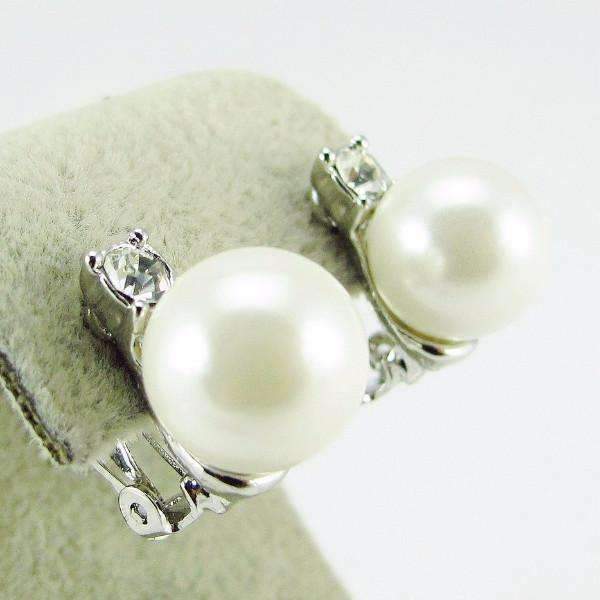 Feshionn IOBI Earrings Silver Crystal Accented Pearl Bead Clip-On Earrings In Yellow or White Gold