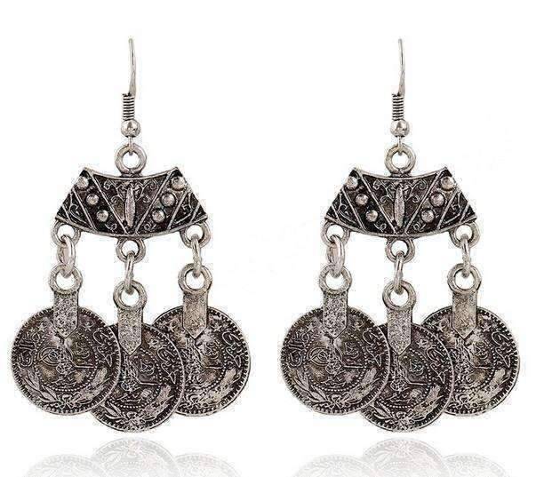 Feshionn IOBI Earrings Silver Vintage Persian Coin Dangling Tassel Earrings