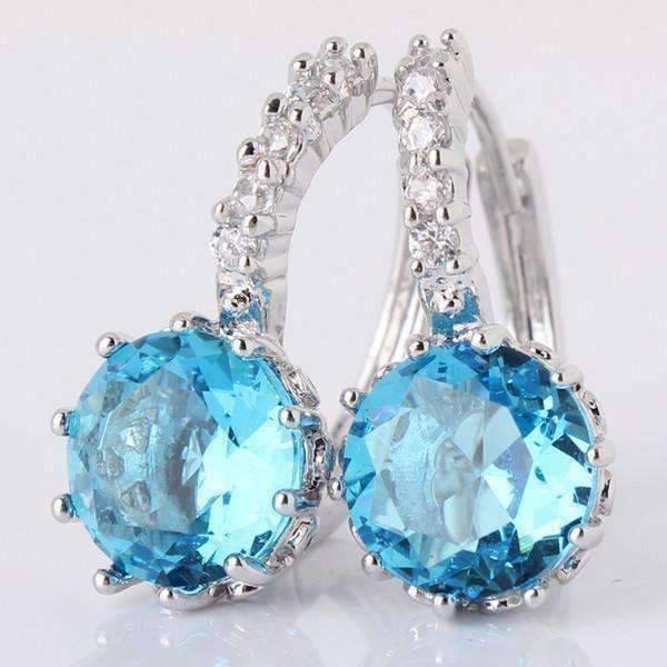 Feshionn IOBI Earrings Topaz Blue on White Gold Exotic Gems CZ Solitaire Hoop Earrings