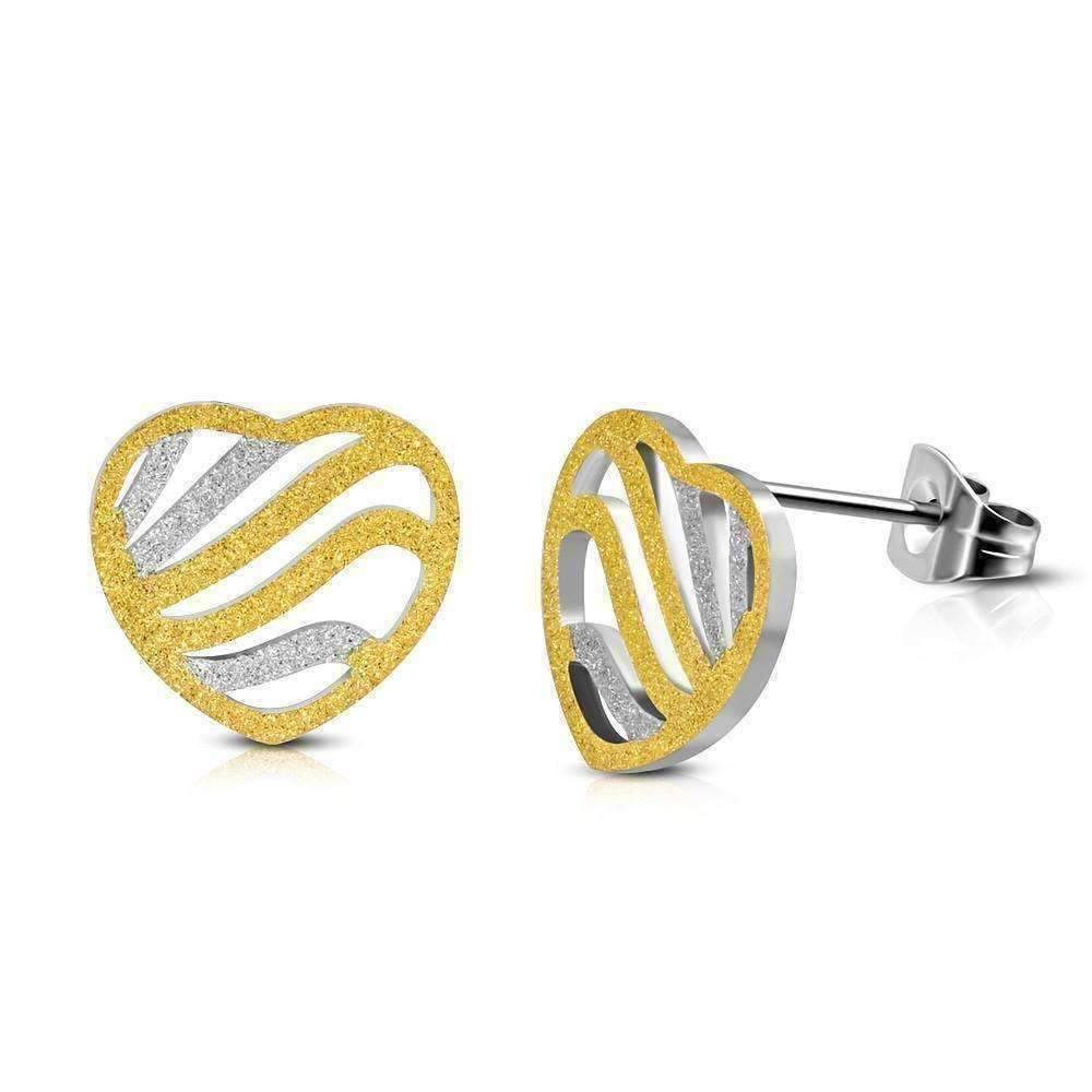 Feshionn IOBI Earrings Two Tone Wavy Heart Sandblasted Two Tone Gold Plated Stainless Steel Stud Earrings