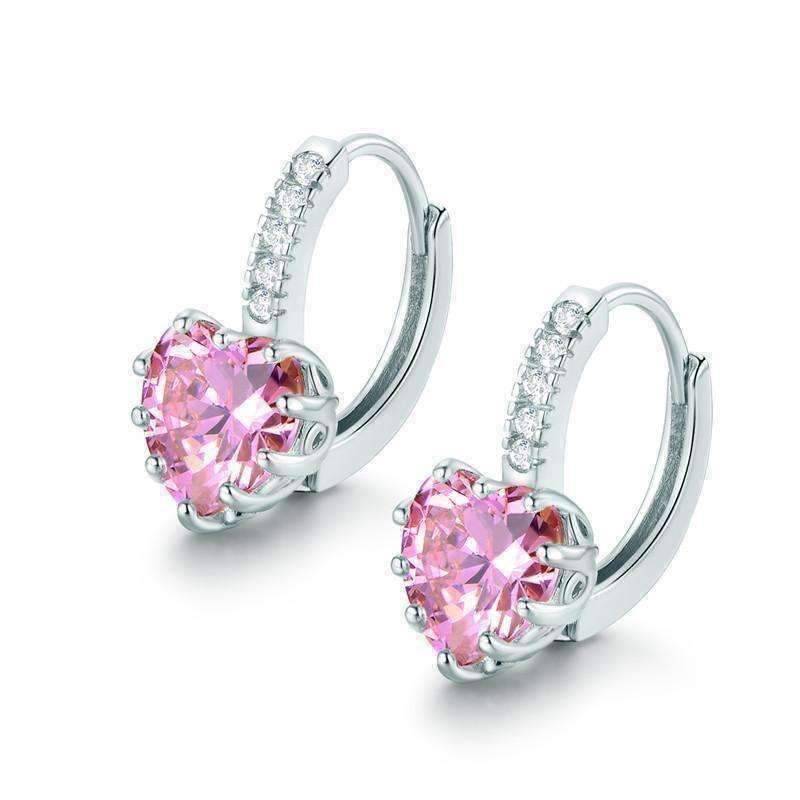 Feshionn IOBI Earrings White Gold Heart Shaped Blushing Pink Diamond CZ Solitaire Hoop Earrings
