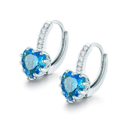 Feshionn IOBI Earrings White Gold Heart Shaped Island Blue Diamond CZ Solitaire Hoop Earrings