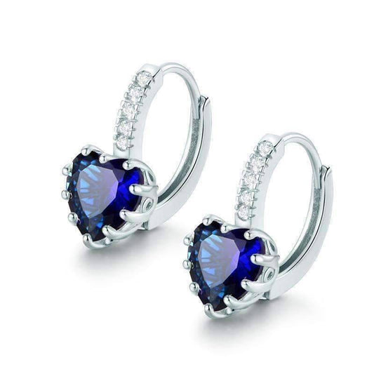 Feshionn IOBI Earrings White Gold Heart Shaped Midnight Blue Diamond CZ Solitaire Hoop Earrings