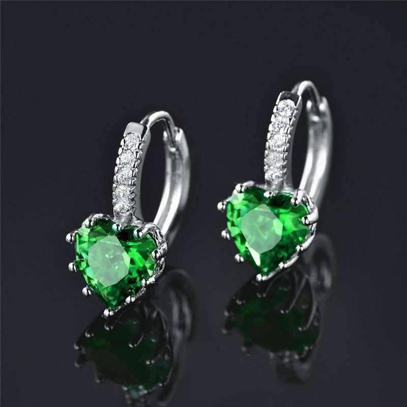 Feshionn IOBI Earrings White Gold Heart Shaped Spring Green Diamond CZ Solitaire Hoop Earrings