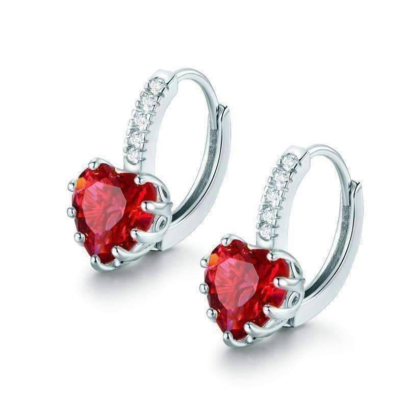 Feshionn IOBI Earrings White Gold ON SALE - Heart Shaped Cabernet Red Diamond CZ Solitaire Hoop Earrings
