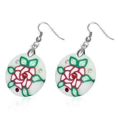 Feshionn IOBI Earrings White with Pink Rose Round Handcrafted Floral Cane Work Clay & CZ Earrings ~ Five Lively Colors to Choose From
