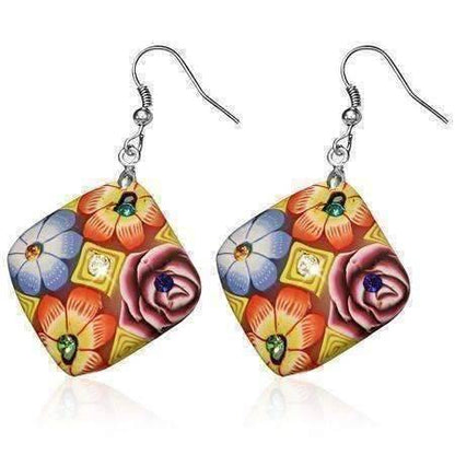 Feshionn IOBI Earrings Yellow Diamond Handcrafted Floral Cane Work Clay & CZ Earrings ~ Two Lively Colors to Choose From