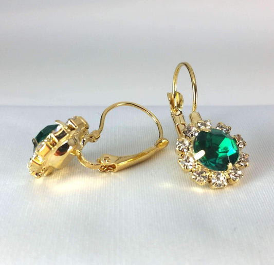 Feshionn IOBI Earrings Yellow Gold Emerald Crystal Flower Drop Lever Back Earrings - White or Yellow Gold